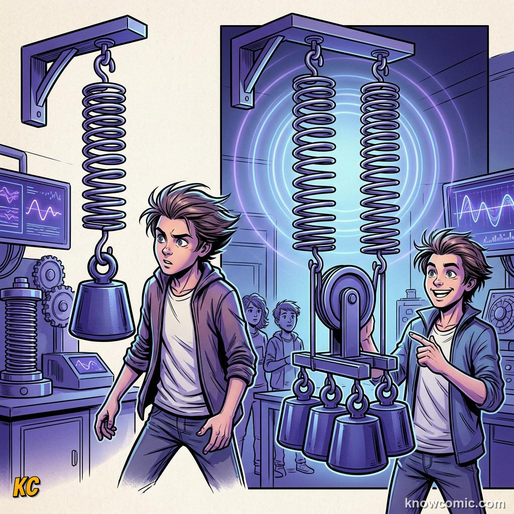 Comic panel about oscillators & springs: The Energy Dance, Turning Point, educational kids illustration