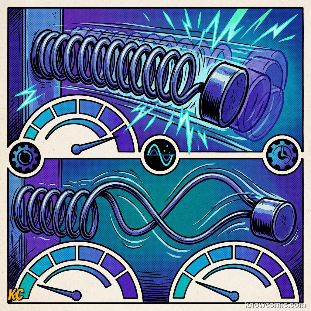 Comic panel about oscillators & springs: Midpoint, educational kids illustration