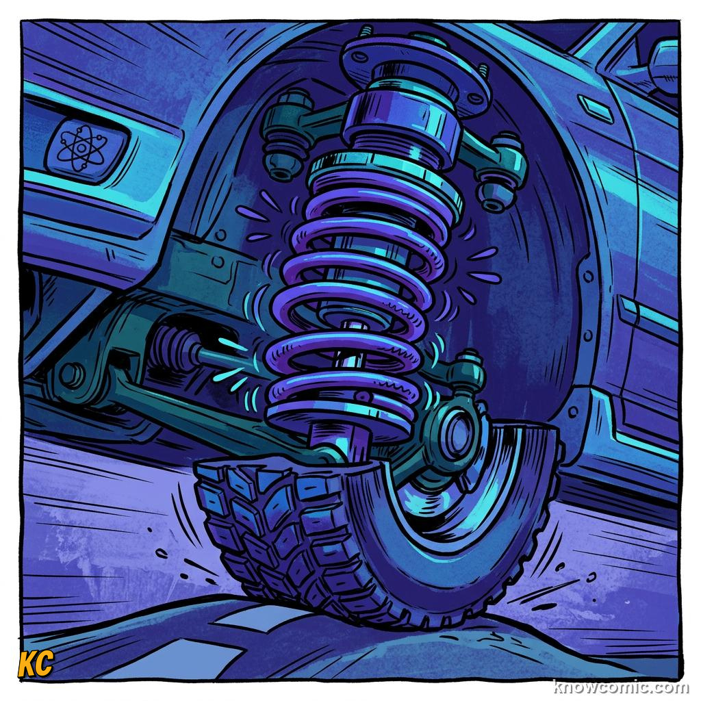 Comic panel about oscillators & springs: Damping, educational kids illustration