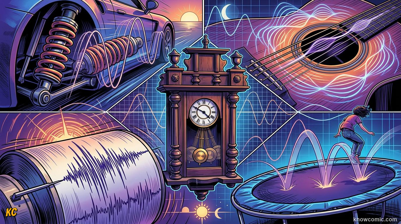 Comic panel about oscillators & springs: From Clocks To Cars, educational kids illustration