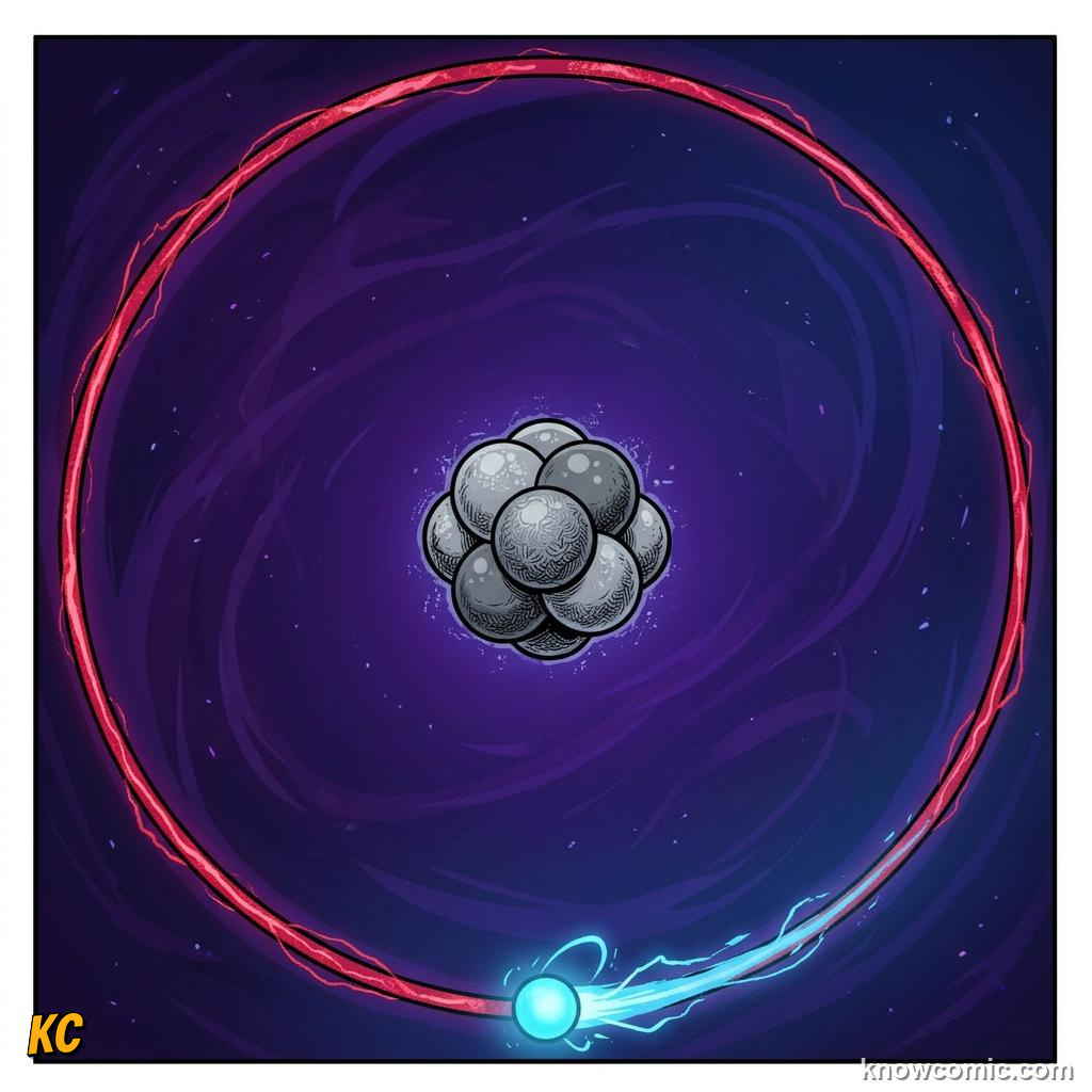 Comic panel about the bohr model: Electrons Like Tiny Planets, Nucleus, educational kids illustration
