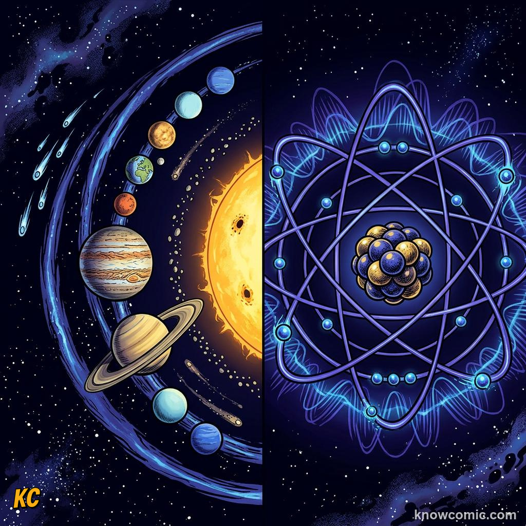Comic panel about the bohr model: Electrons, educational kids illustration