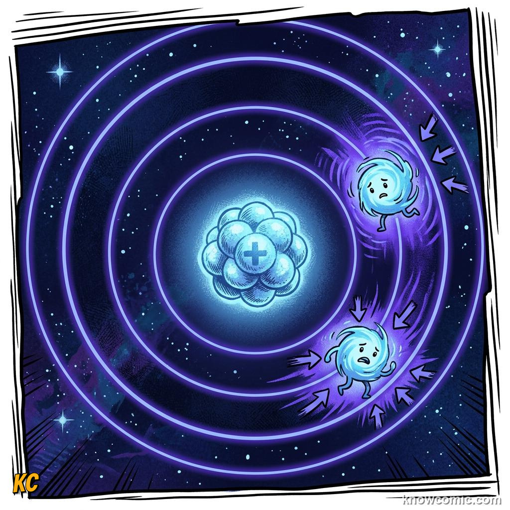 Comic panel about the bohr model: No Spiral Crash, educational kids illustration