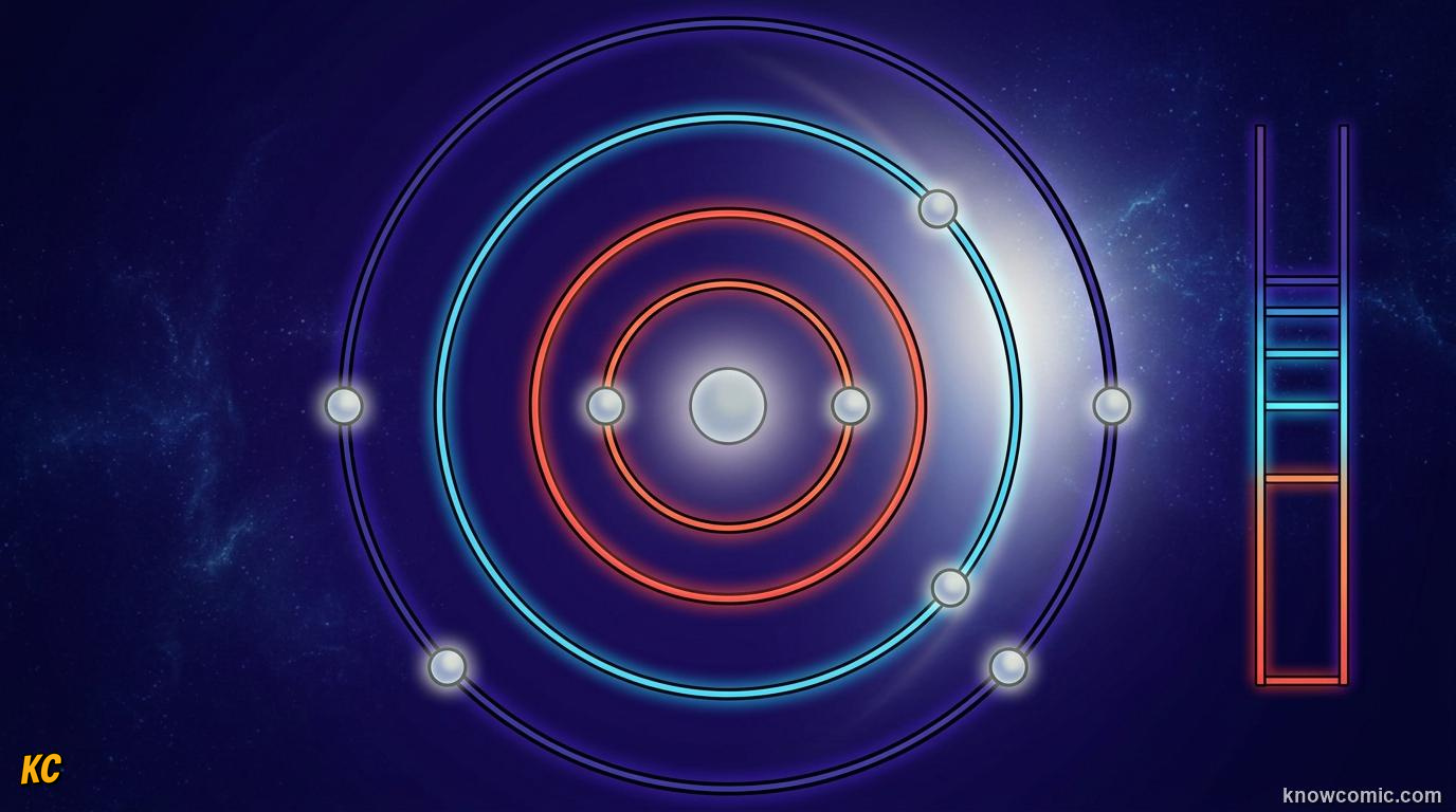 Comic panel about the bohr model: Photon In, Photon Out, educational kids illustration