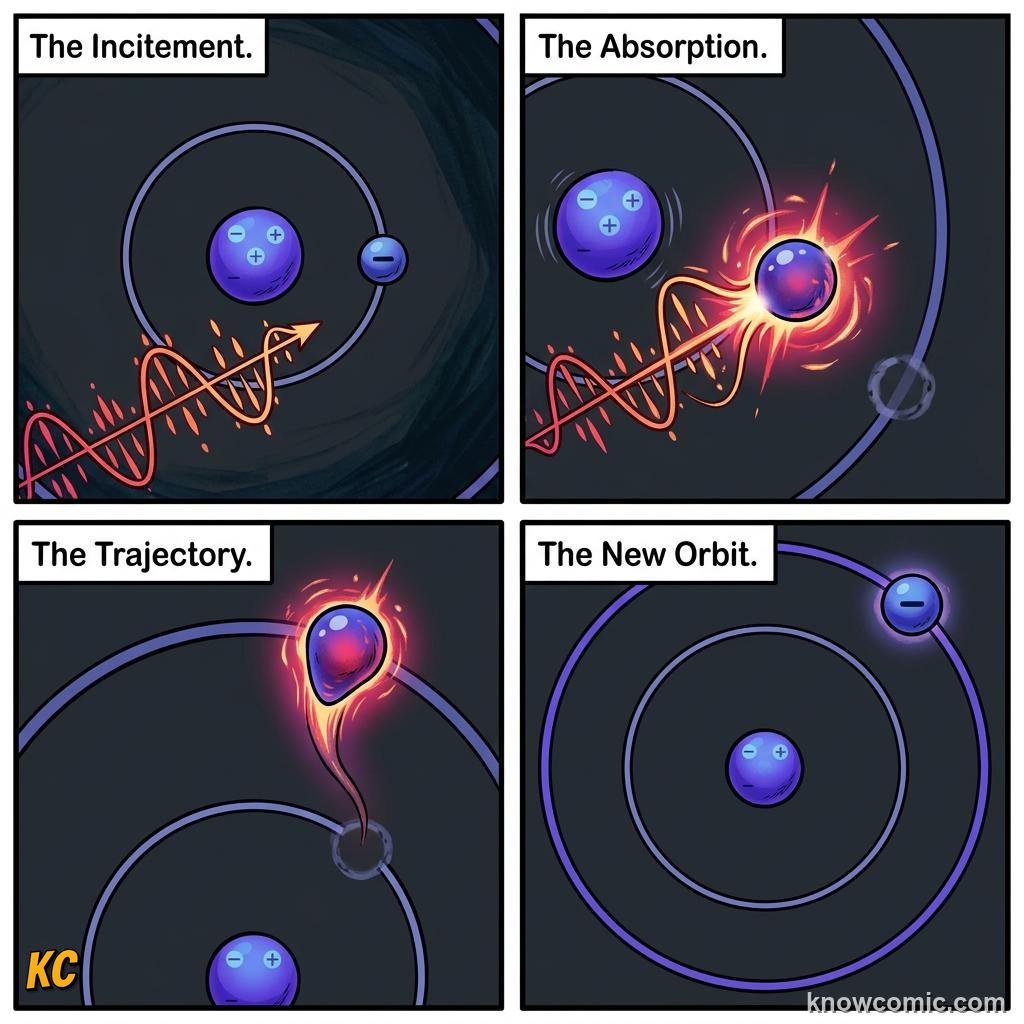 Comic panel about the bohr model: Absorb, educational kids illustration