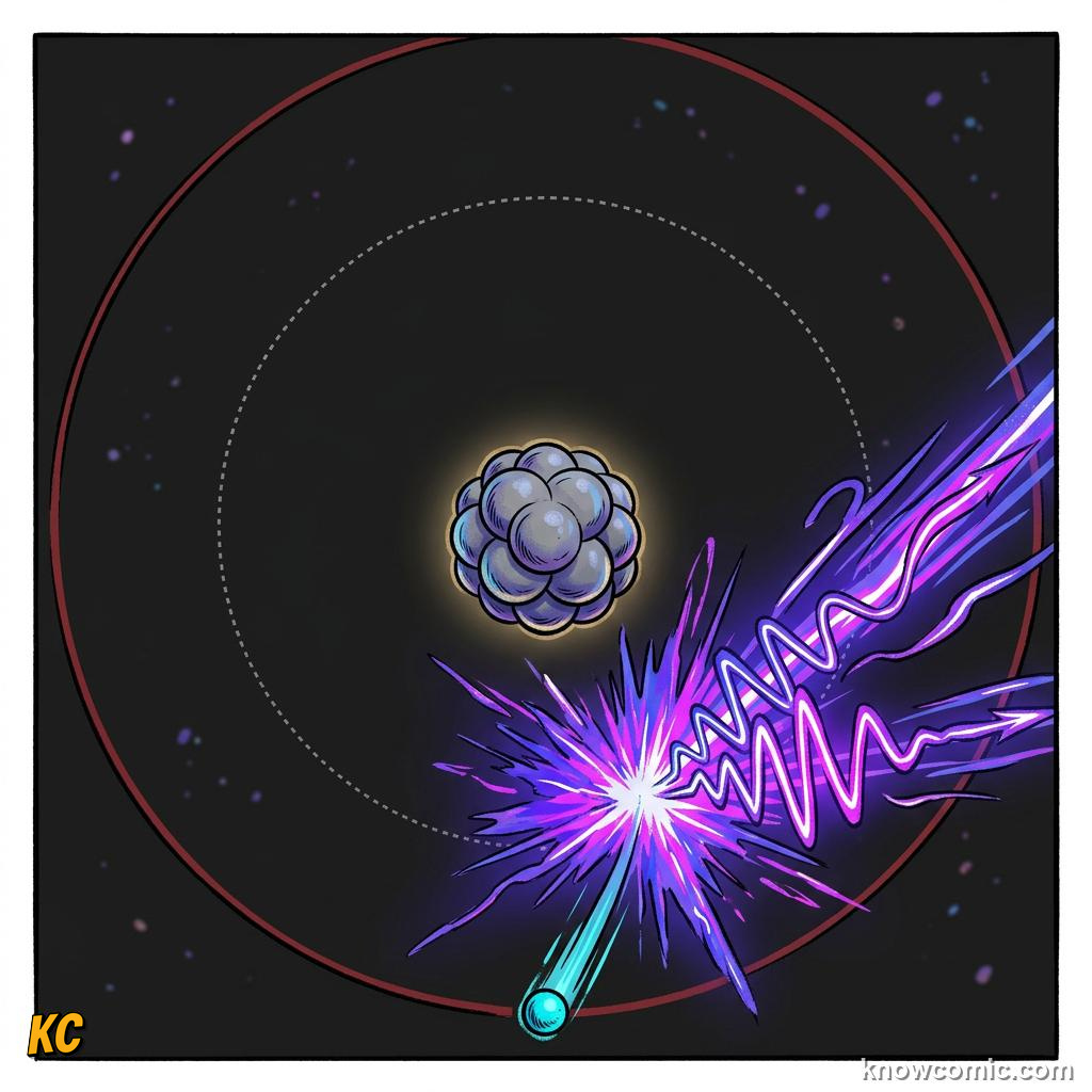 Comic panel about the bohr model: Emit, educational kids illustration