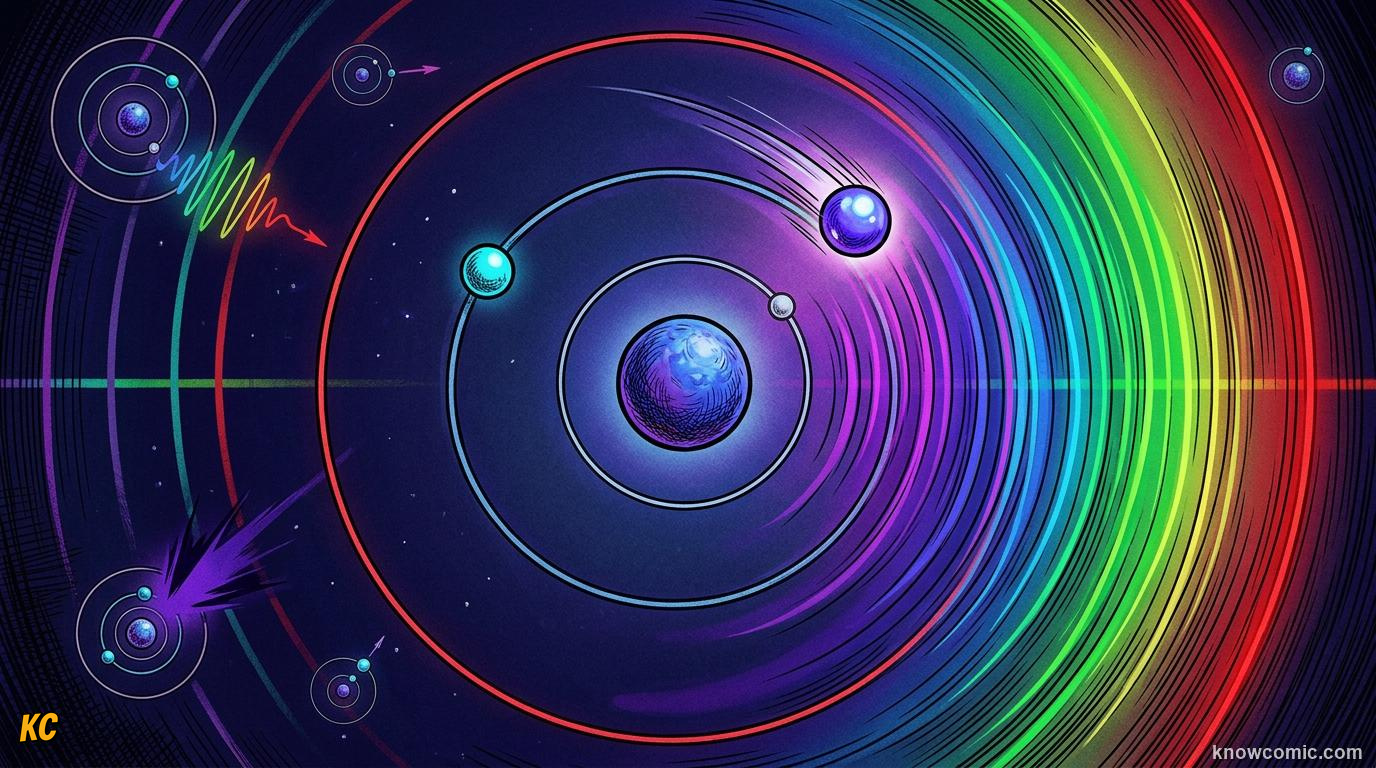 Comic panel about the bohr model: How Light And Matter Interact, Fingerprint Of Light, educational kids illustration