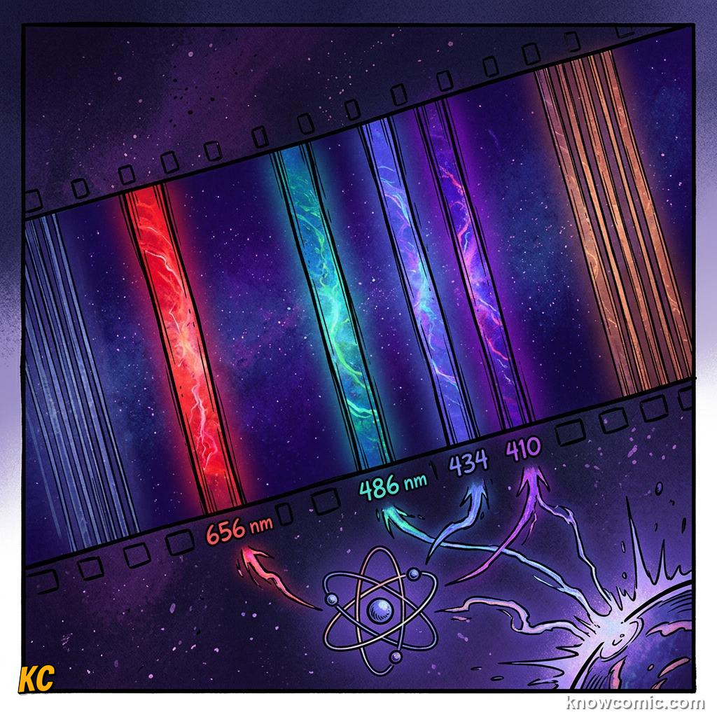Comic panel about the bohr model: Why Hydrogen Glows In Lines, Balmer, educational kids illustration