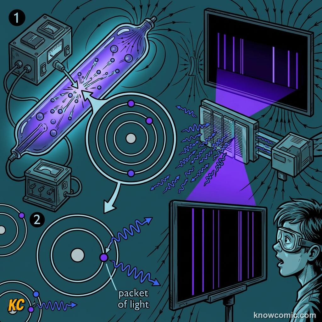 Comic panel about the bohr model: Lyman, educational kids illustration