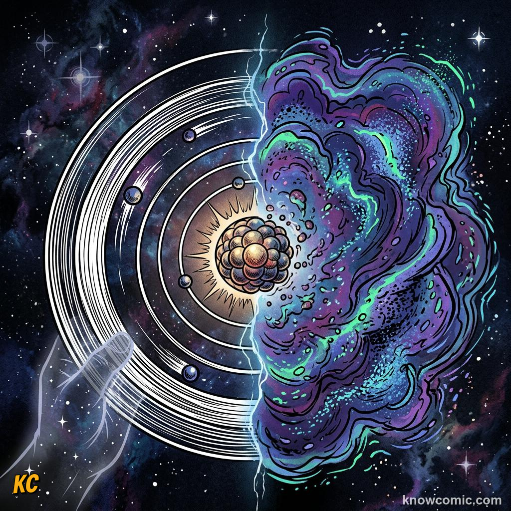 Comic panel about the bohr model: Limits, educational kids illustration