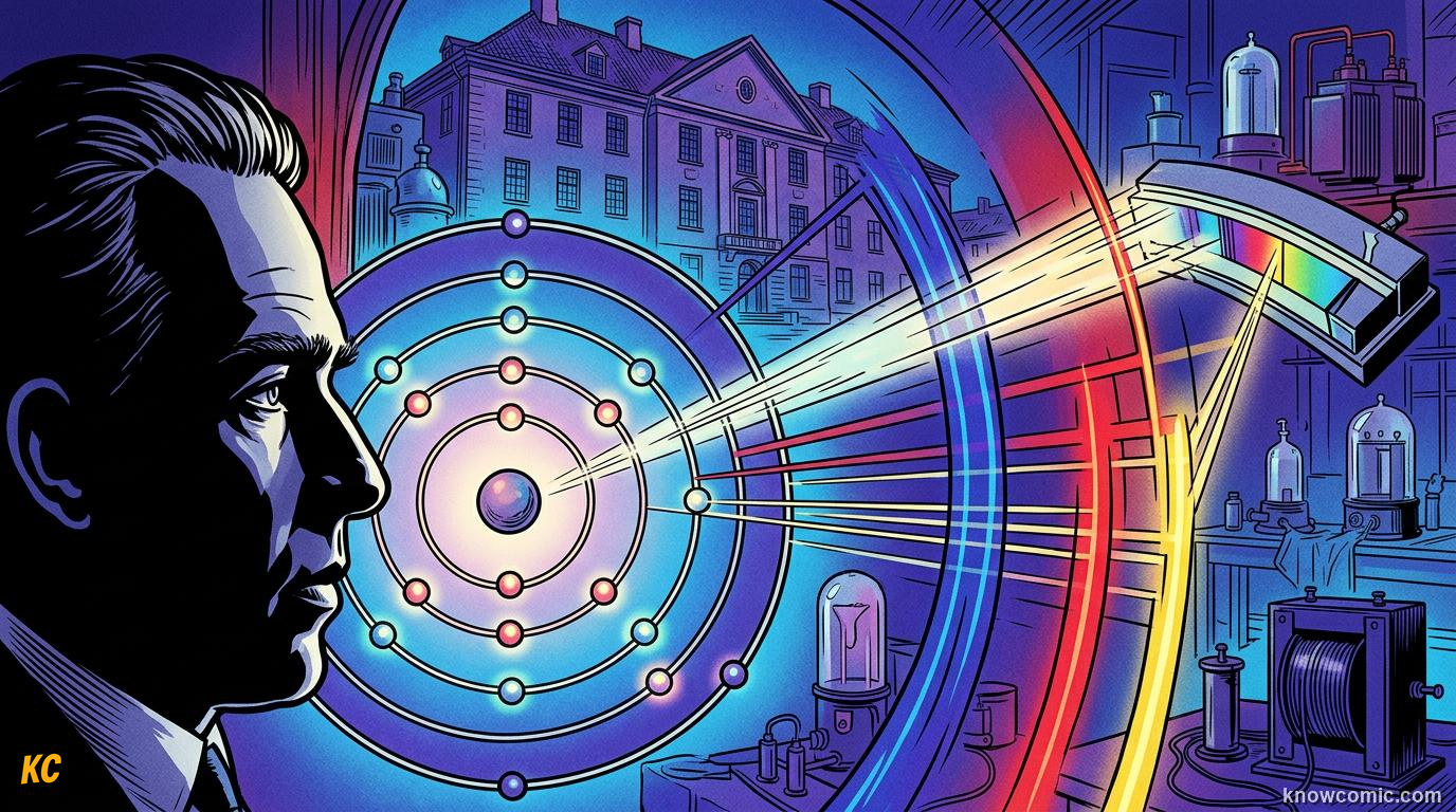 Comic panel about the bohr model: From Orbits To Clouds, educational kids illustration