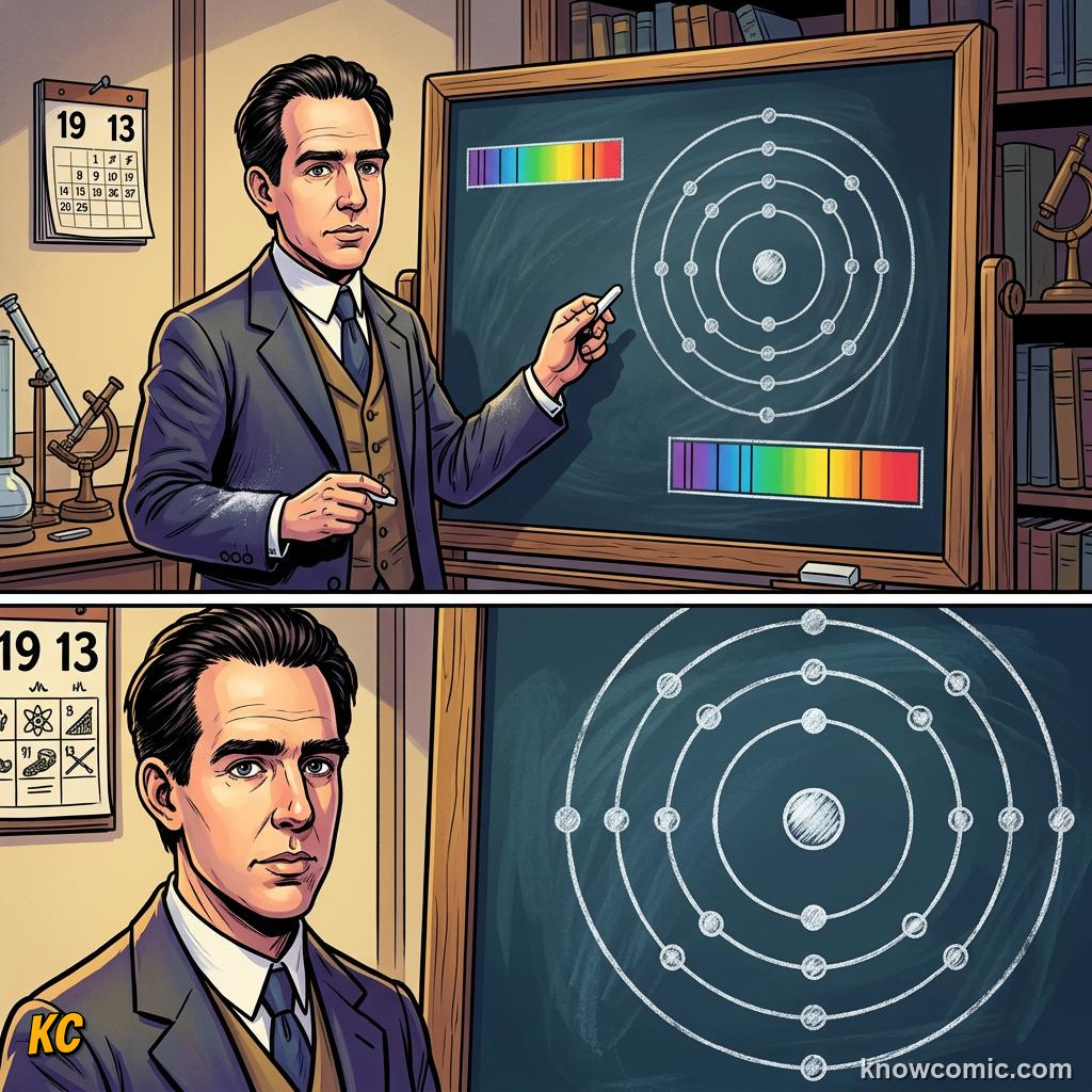 Comic panel about the bohr model: Why We Still Teach The Model, What Changed, educational kids illustration