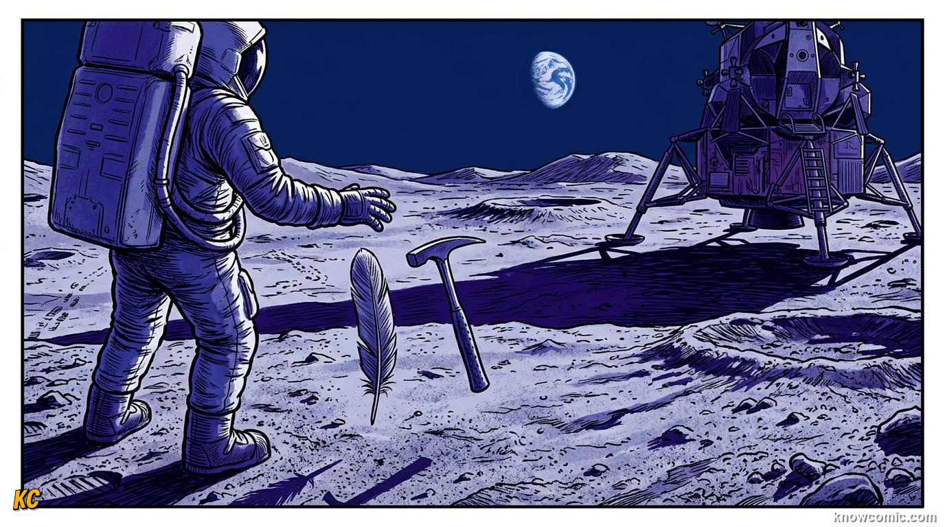 Comic panel about free fall physics: Hammer Vs Feather, educational kids illustration