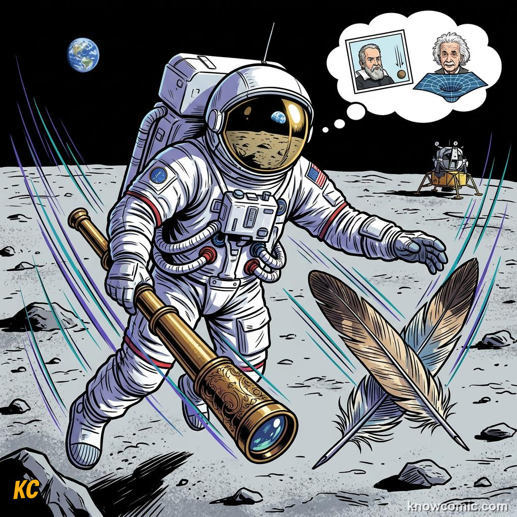 Comic panel about free fall physics: No Air, educational kids illustration