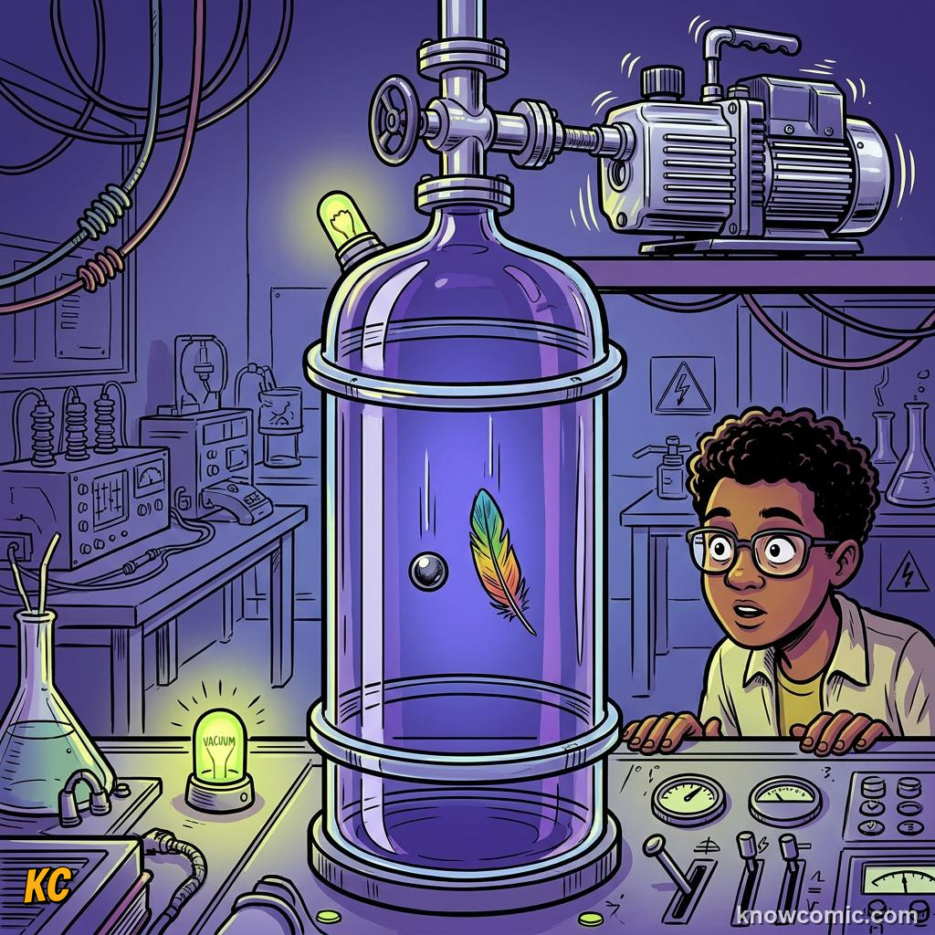 Comic panel about free fall physics: F = Ma Meets Gravity, Stronger Pull, educational kids illustration