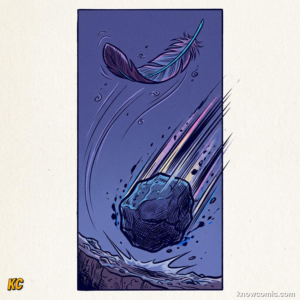 Comic panel about free fall physics: More Inertia, educational kids illustration