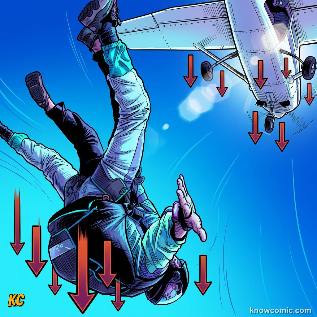 Comic panel about free fall physics: Same A, educational kids illustration