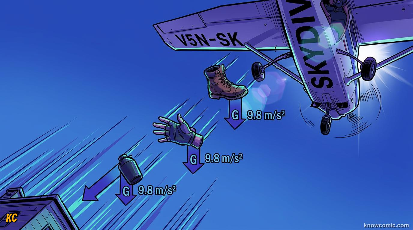 Comic panel about free fall physics: Why Earth Fools You, educational kids illustration