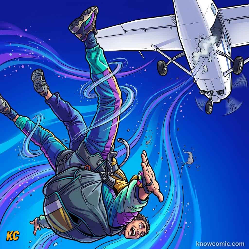 Comic panel about free fall physics: Drag Force, educational kids illustration