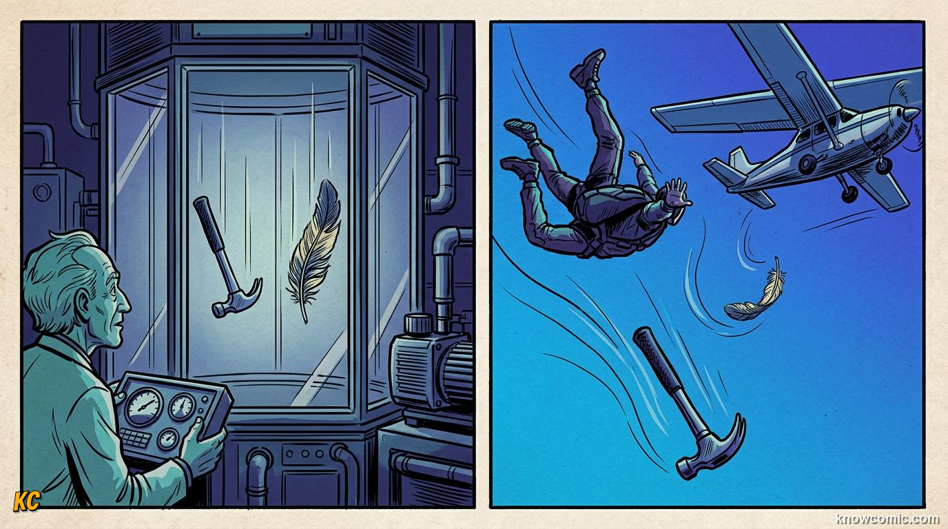 Comic panel about free fall physics: Air Resistance Hides The Truth, Apollo 15, educational kids illustration
