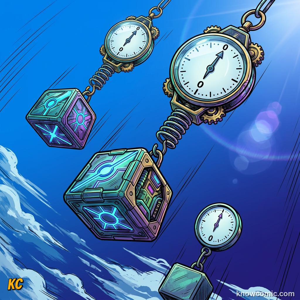 Comic panel about free fall physics: Hammer And Feather On The Moon, No Atmosphere, educational kids illustration