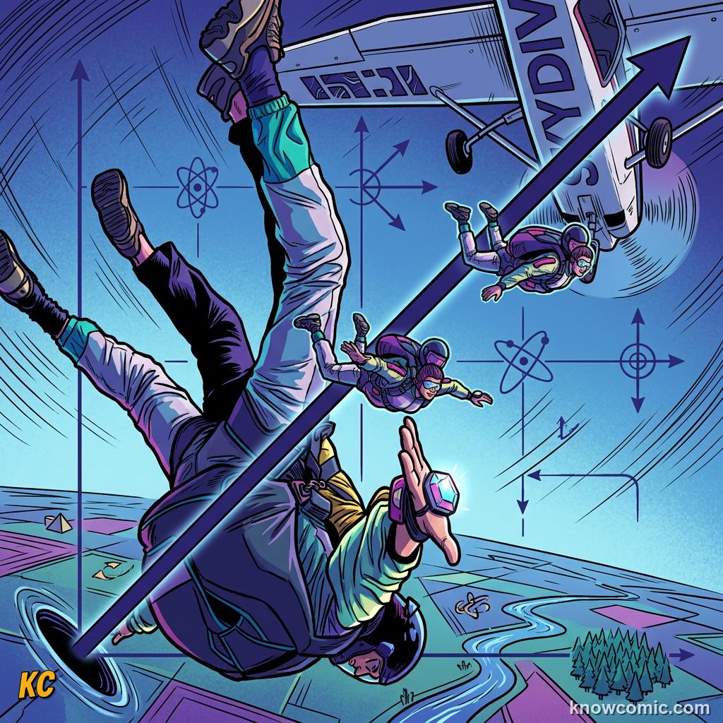 Comic panel about free fall physics: Classroom, educational kids illustration