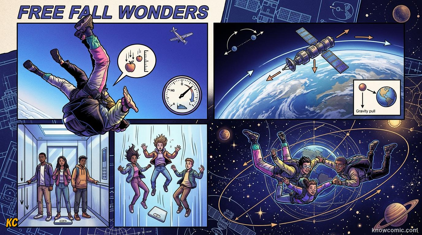 Comic panel about free fall physics: The Full Picture, educational kids illustration