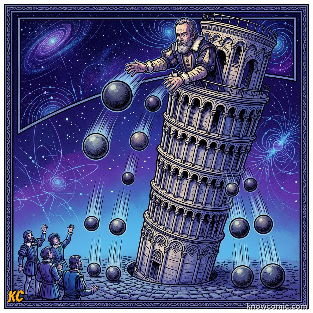 Comic panel about free fall physics: Mass Does Not Set Free-Fall Speed, Everyday Links, educational kids illustration