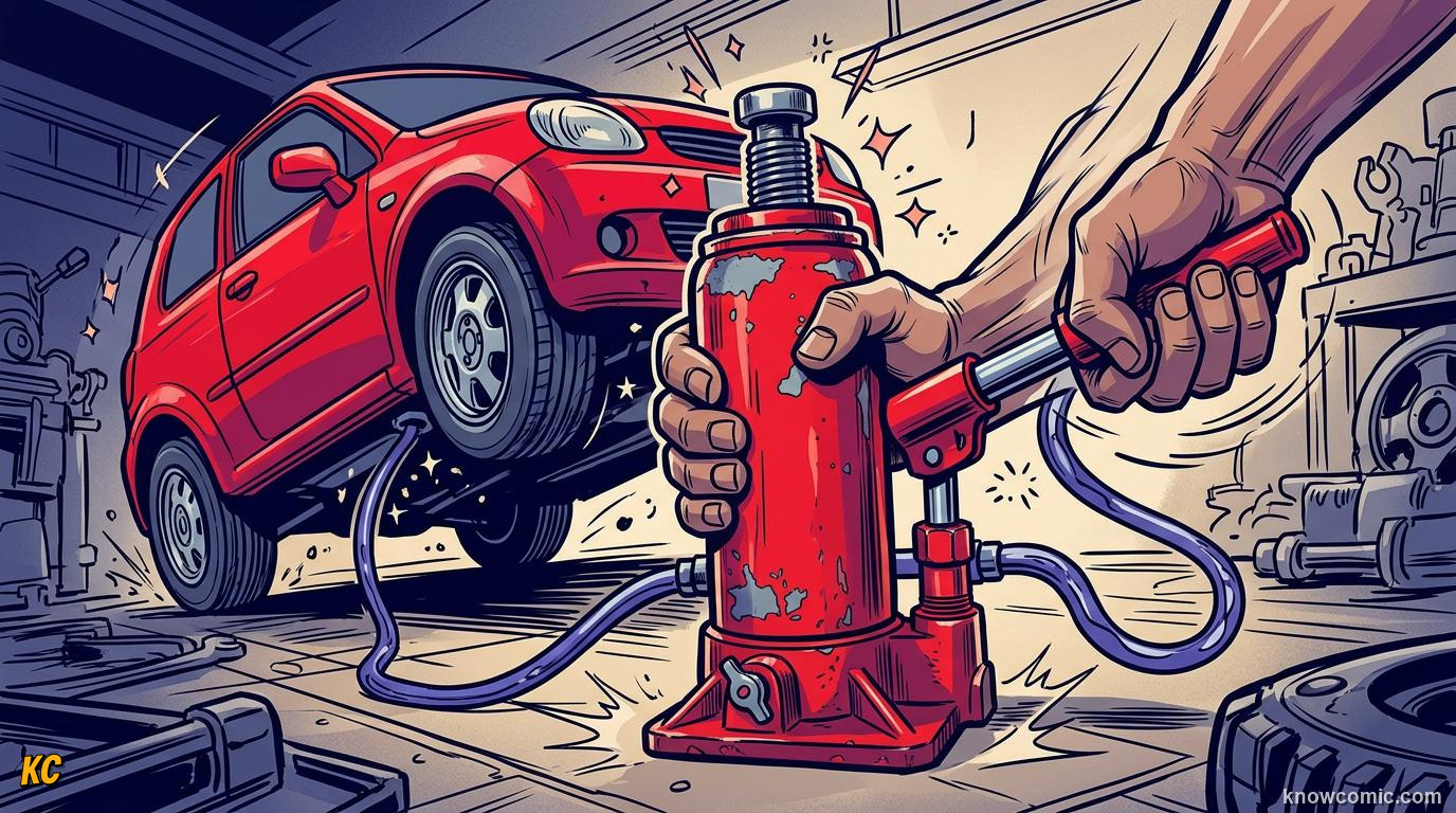 Comic panel about hydraulic advantage: Lift A Car, educational kids illustration
