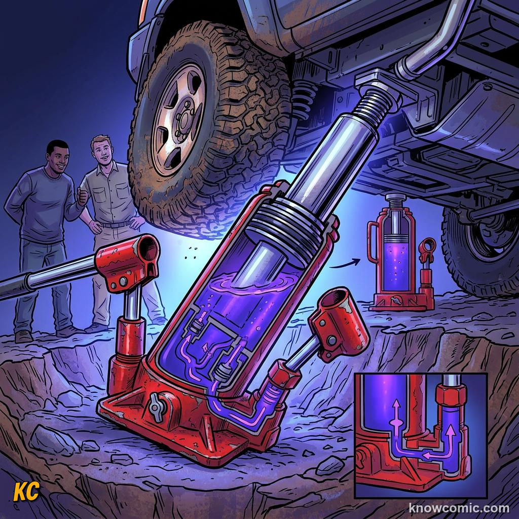 Comic panel about hydraulic advantage: Large Piston, educational kids illustration