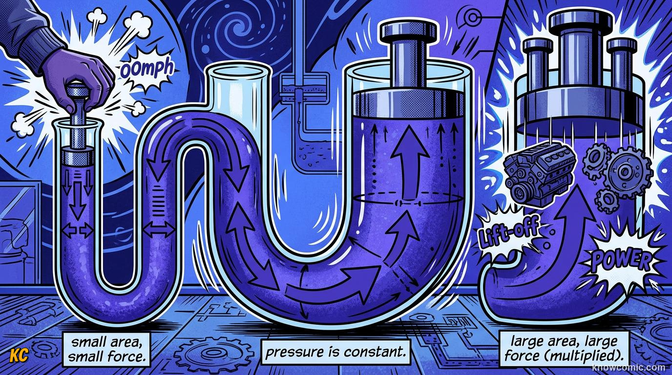 Comic panel about hydraulic advantage: Pressure Everywhere, educational kids illustration