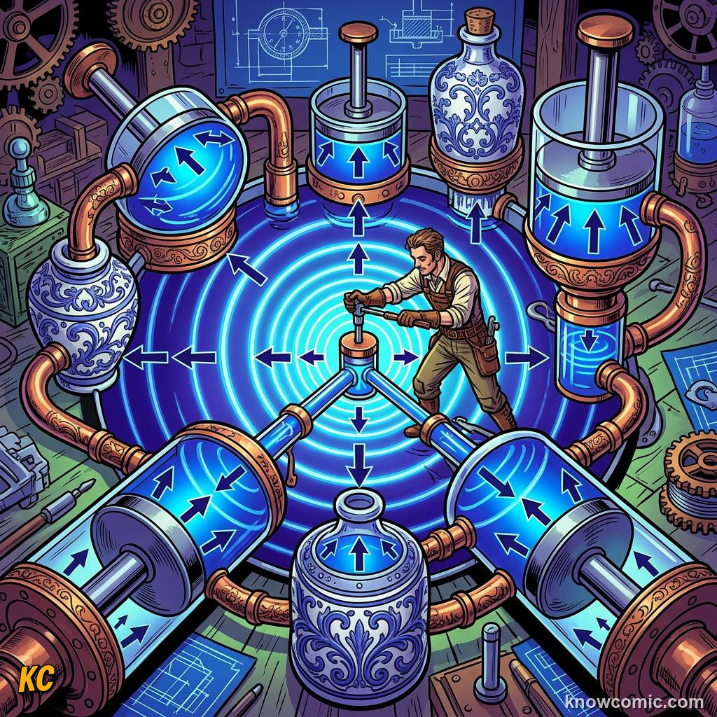 Comic panel about hydraulic advantage: Pascal'S Principle, Pressure, educational kids illustration