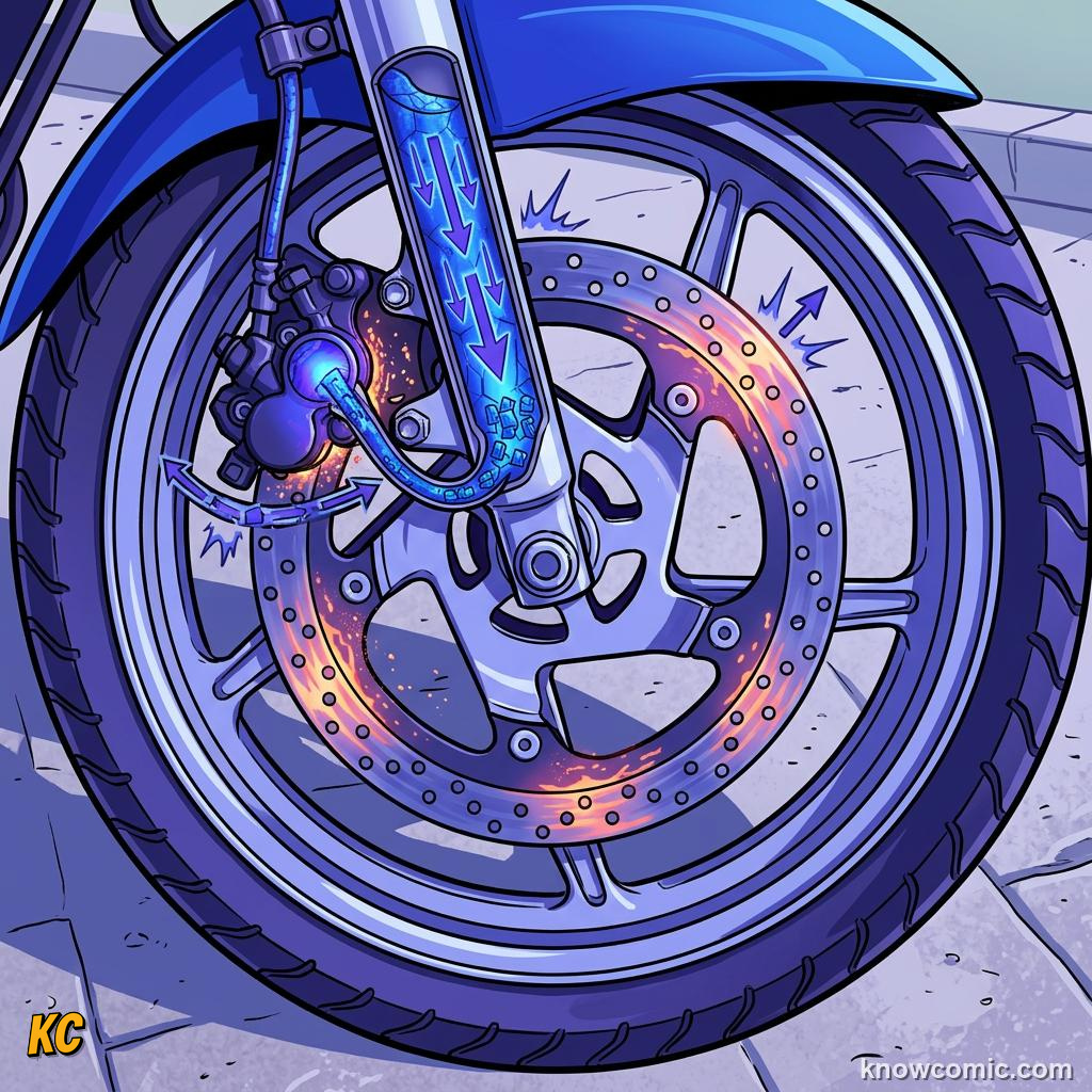 Comic panel about hydraulic advantage: Area Ratio, educational kids illustration