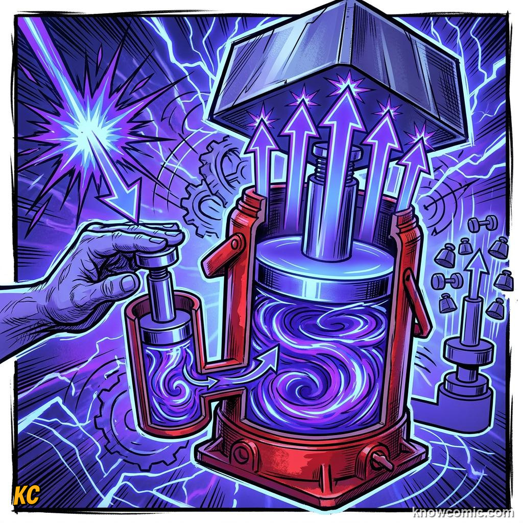 Comic panel about hydraulic advantage: Confined, educational kids illustration