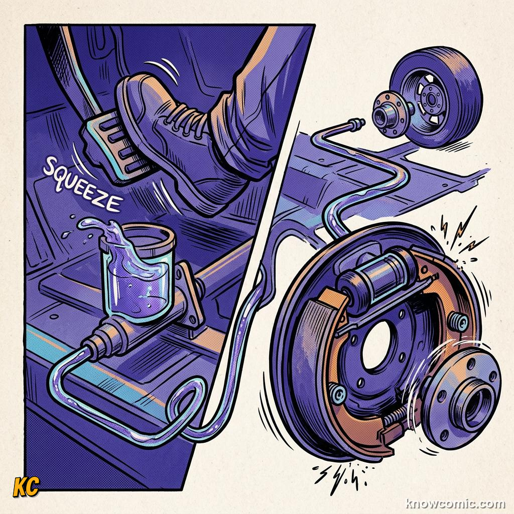 Comic panel about hydraulic advantage: Master, educational kids illustration