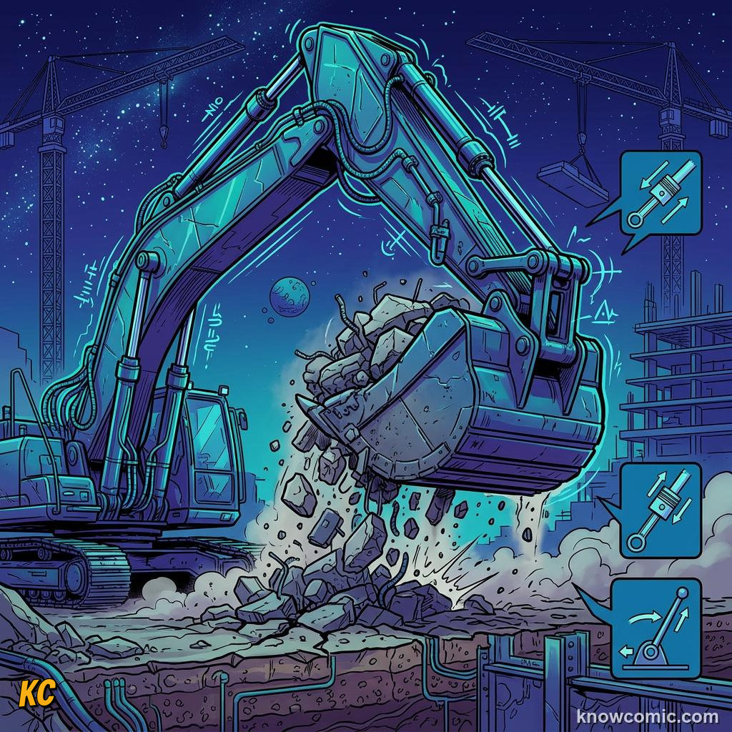 Comic panel about hydraulic advantage: Slave, educational kids illustration