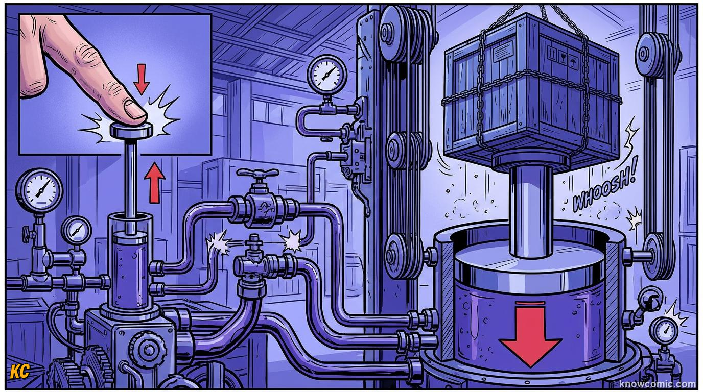 Comic panel about hydraulic advantage: Master And Slave Cylinders, No Free Energy, educational kids illustration