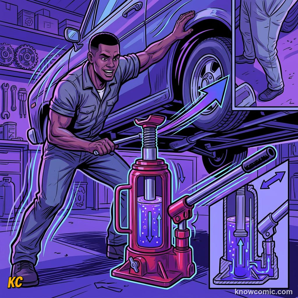Comic panel about hydraulic advantage: Force Up, Distance Down, Incompressible, educational kids illustration