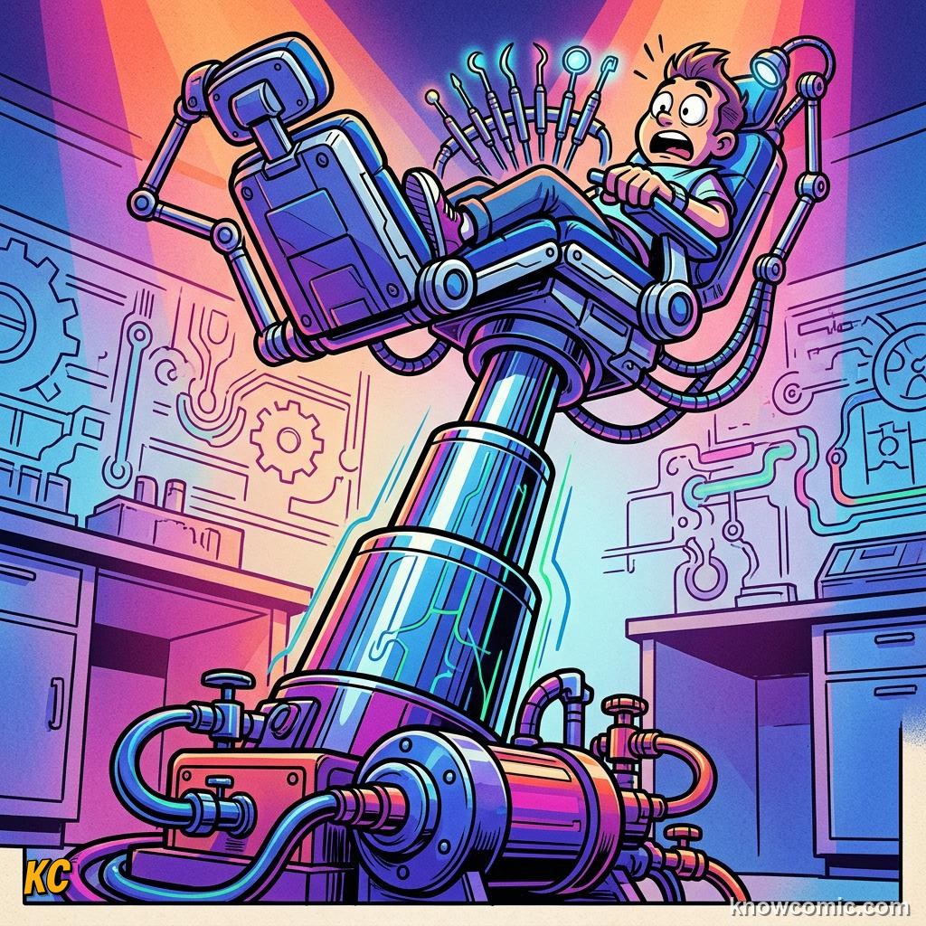 Comic panel about hydraulic advantage: Work, educational kids illustration