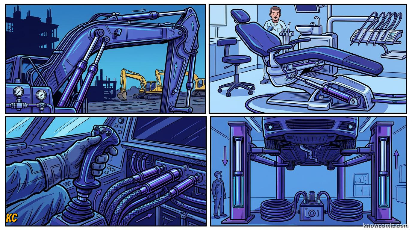 Comic panel about hydraulic advantage: The Full Picture, educational kids illustration