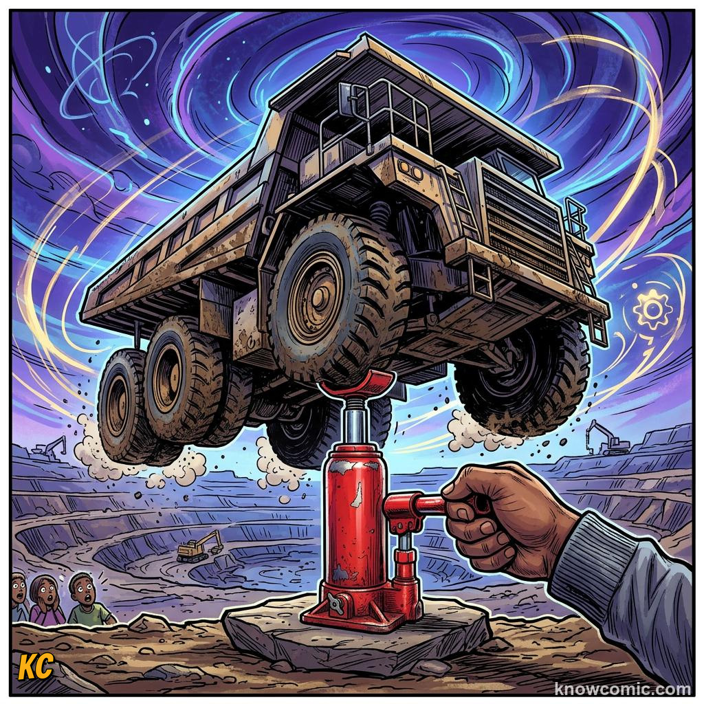 Comic panel about hydraulic advantage: Fluid Power Everywhere, Where You See It, educational kids illustration