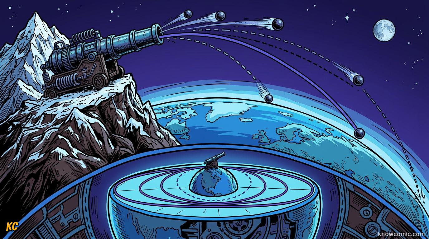 Comic panel about newton's cannonball: Mountain Cannon, educational kids illustration