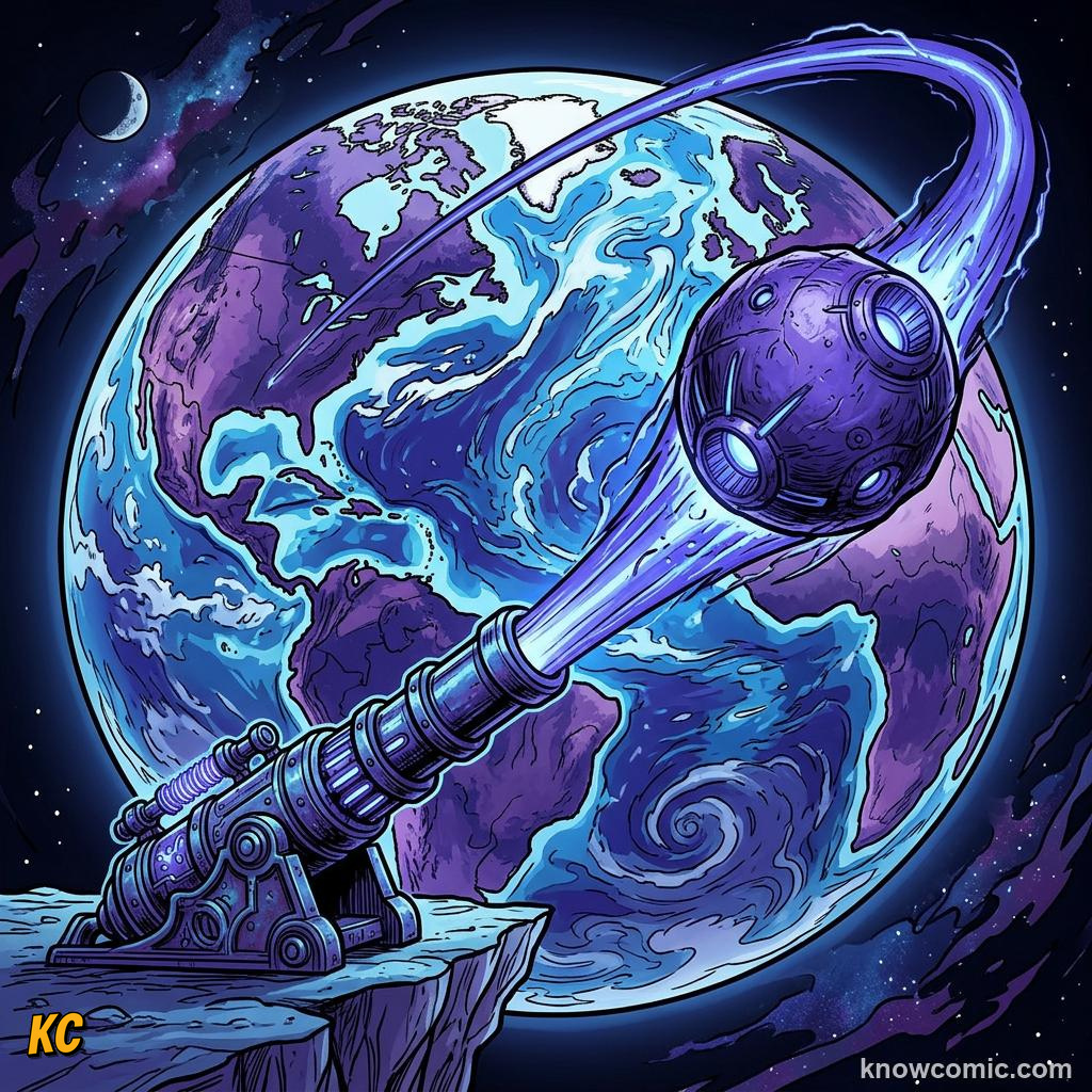 Comic panel about newton's cannonball: Faster Shot, educational kids illustration