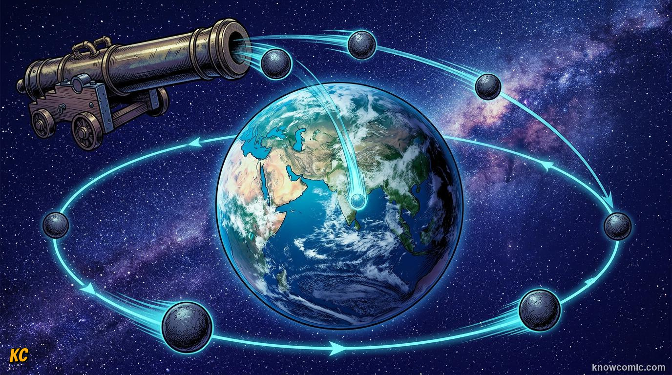 Comic panel about newton's cannonball: The Orbit Speed, educational kids illustration