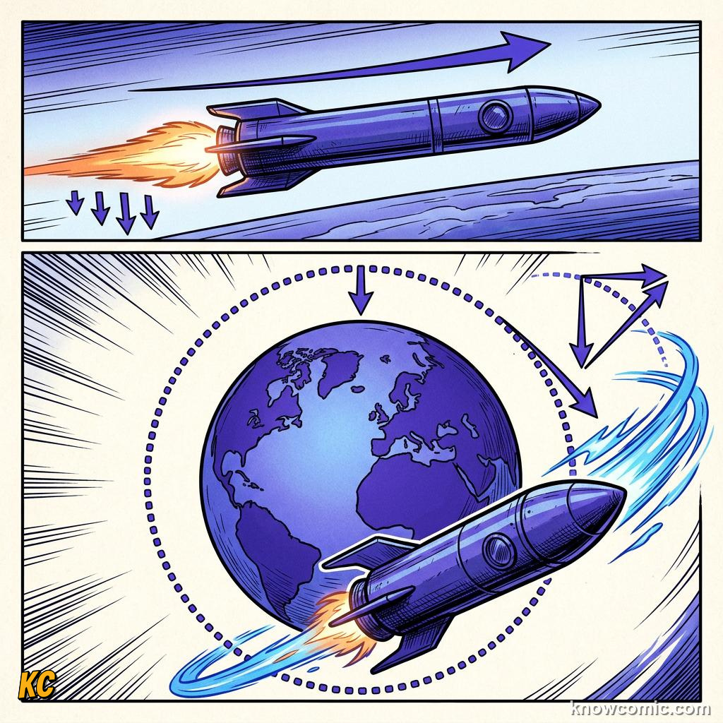 Comic panel about newton's cannonball: Still Falling, educational kids illustration