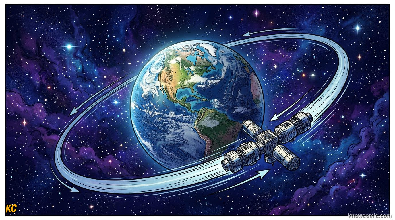 Comic panel about newton's cannonball: The Big Bridge, educational kids illustration