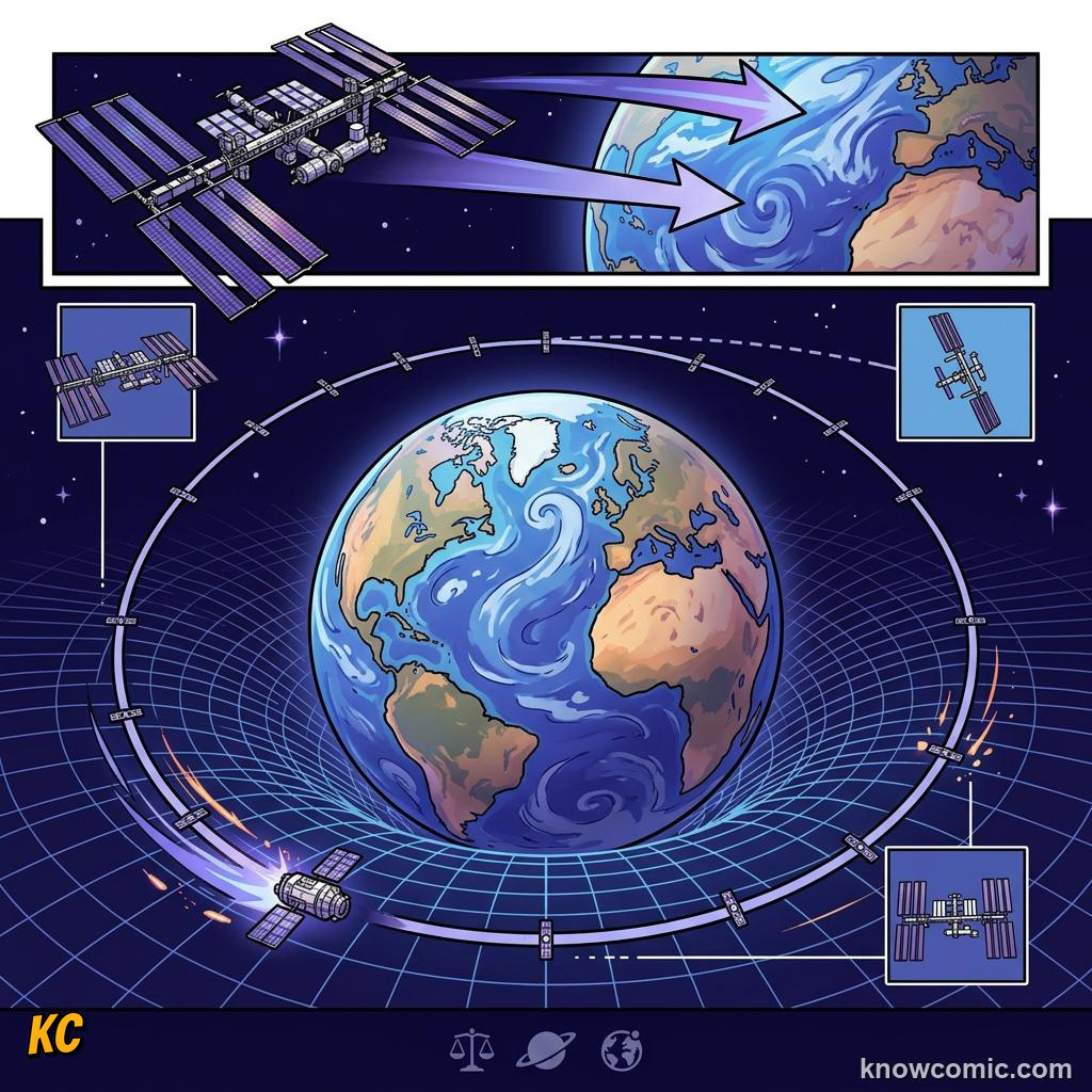Comic panel about newton's cannonball: One Gravity, educational kids illustration