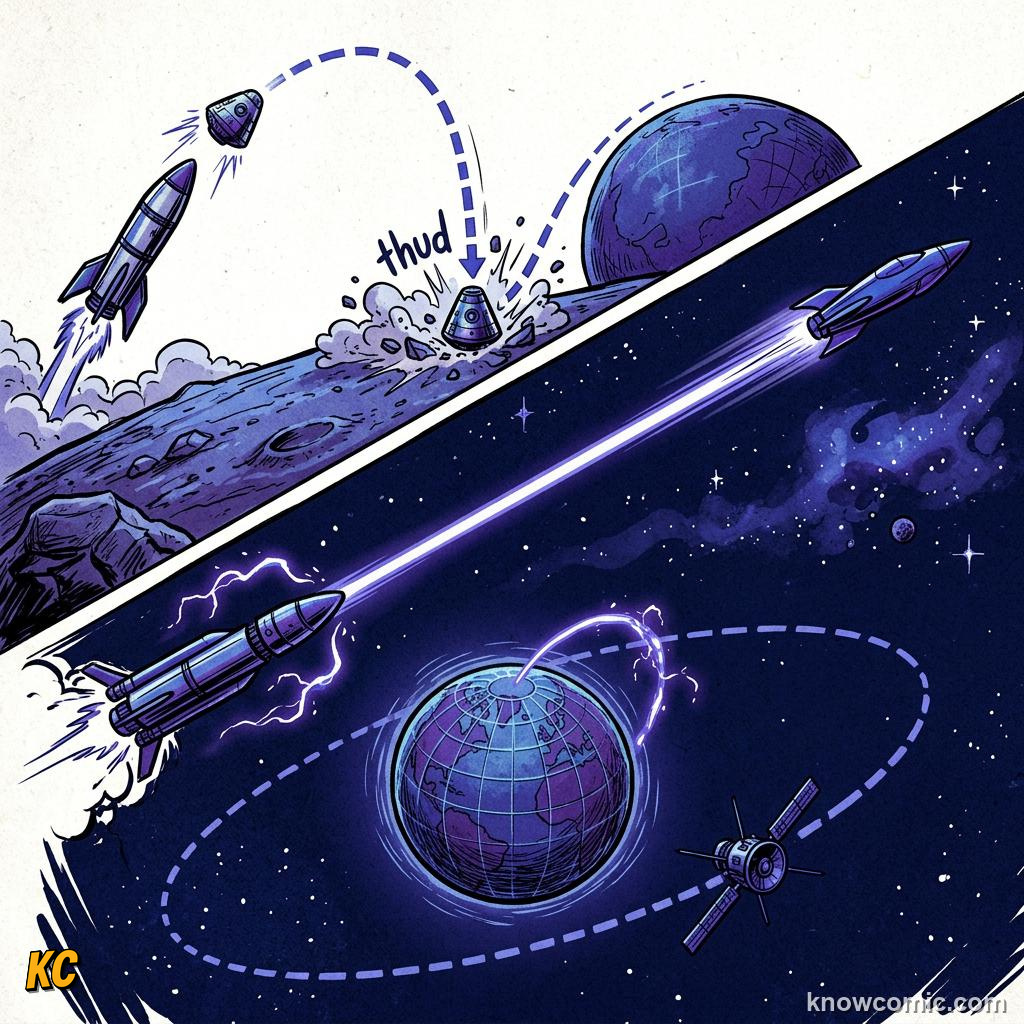 Comic panel about newton's cannonball: Universal Law, educational kids illustration