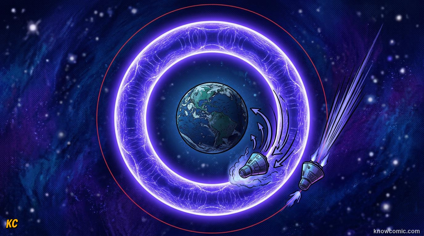 Comic panel about newton's cannonball: From Falling Apples To The Moon, Escape Paths, educational kids illustration
