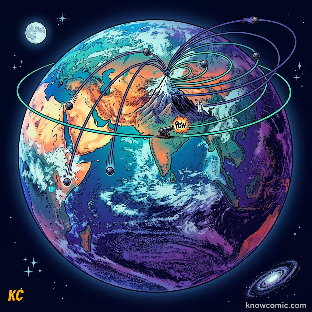 Comic panel about newton's cannonball: Too Fast To Stay Bound, Circle, educational kids illustration